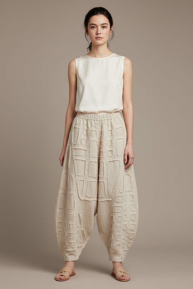 Pantalon Chinois Beige Lin Ample Texturé Géométrique