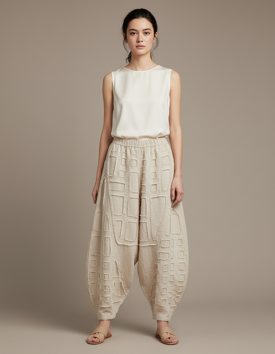 Pantalon Chinois Beige Lin Ample Texturé Géométrique