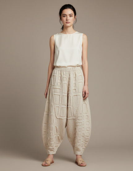 Pantalon Chinois Beige Lin Ample Texturé Géométrique