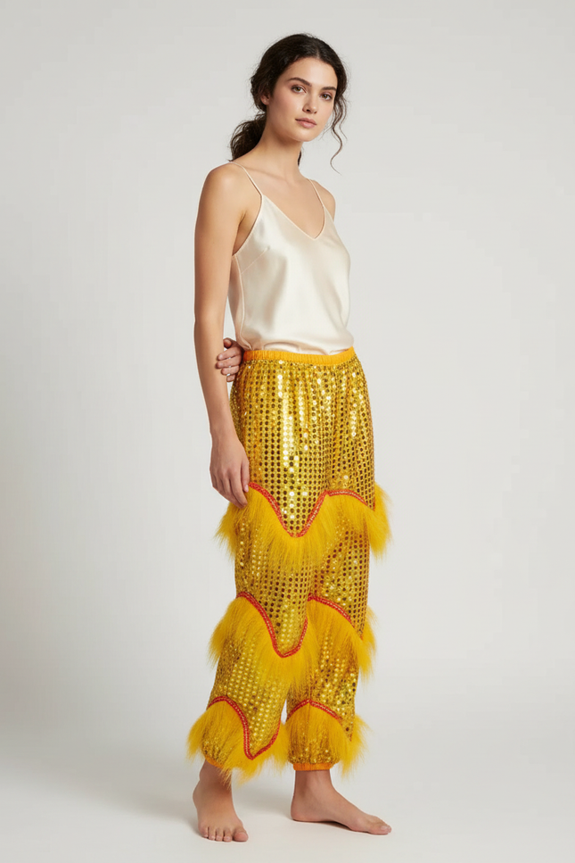 Pantalon Chinois Jaune Pailleté Ample Fourrure Fantaisie - Polyester