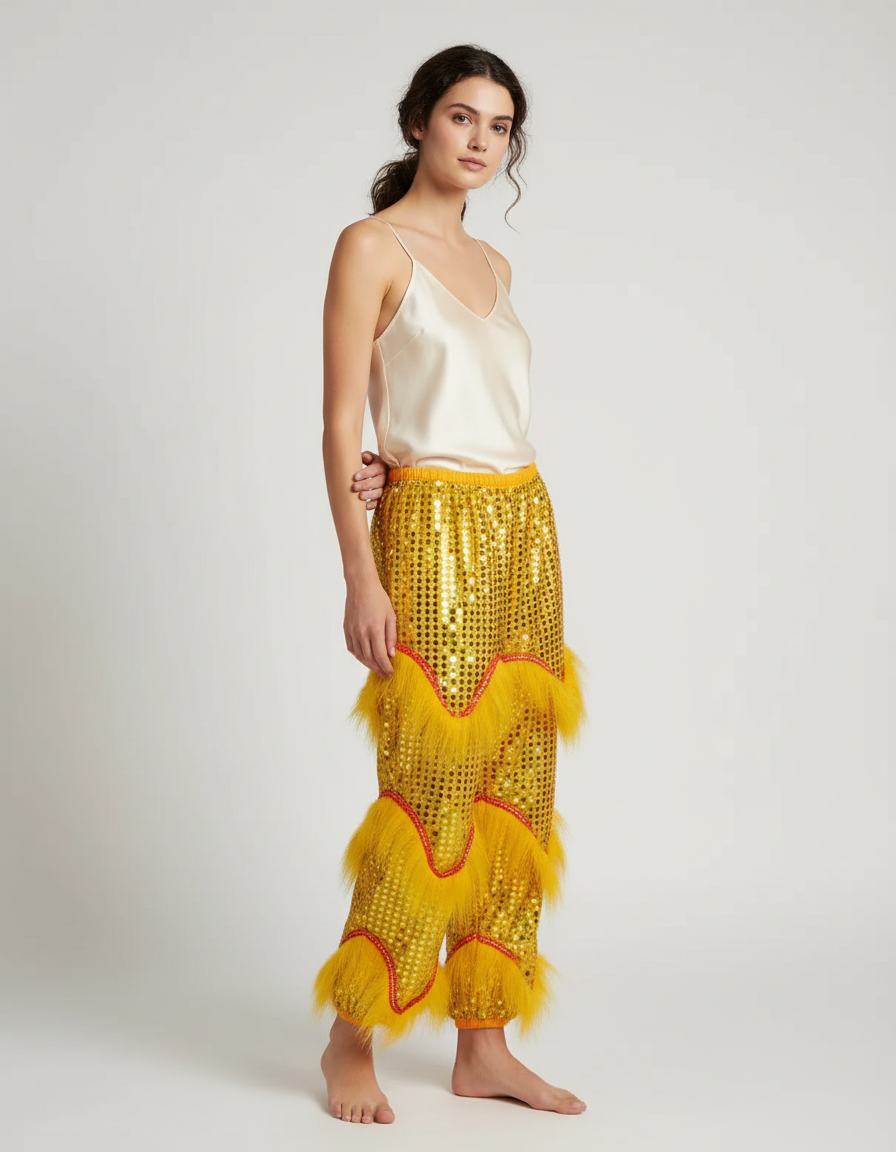 Pantalon Chinois Jaune Pailleté Ample Fourrure Fantaisie - Polyester