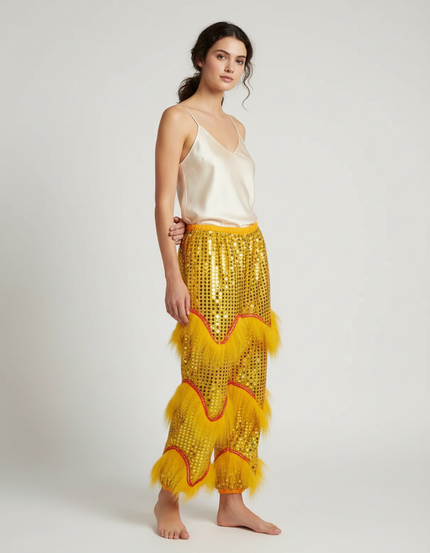 Pantalon Chinois Jaune Pailleté Ample Fourrure Fantaisie - Polyester