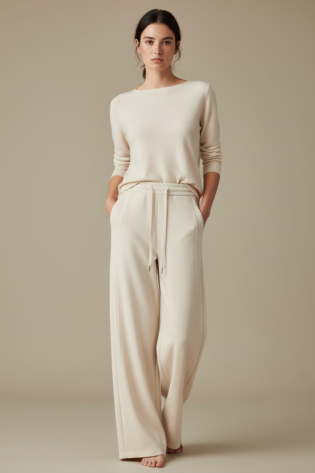 Pantalon Chinois Crème Ample Décontracté Fluide Cordon - Beige Molleton
