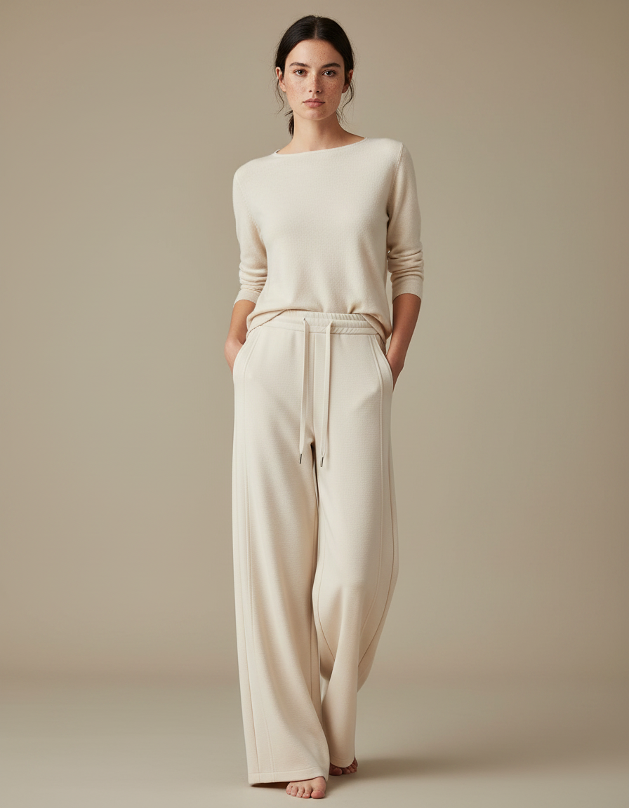 Pantalon Chinois Crème Ample Décontracté Fluide Cordon - Beige Molleton
