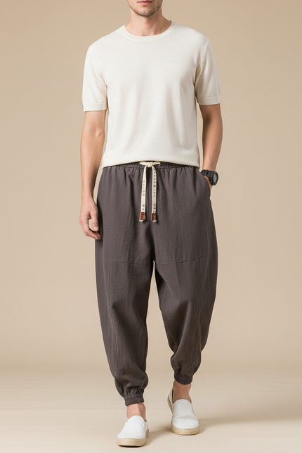 Pantalon Chinois Harem Lin Ample Gris