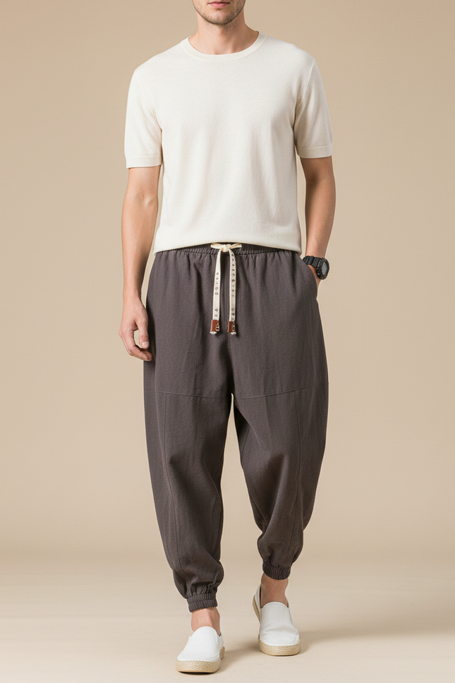 Pantalon Chinois Harem Lin Ample Gris