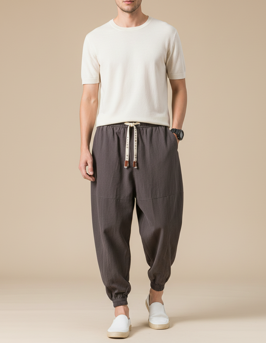 Pantalon Chinois Harem Lin Ample Gris
