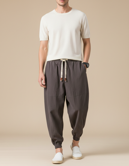 Pantalon Chinois Harem Lin Ample Gris