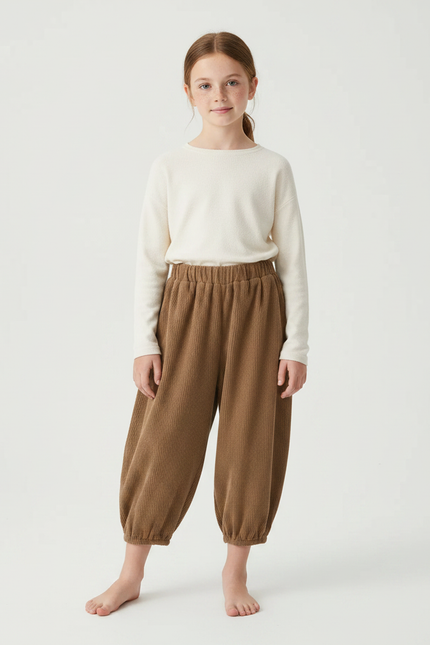 Pantalon Chinois Marron Côtelé Bouffant Enfant Décontracté - Cordé