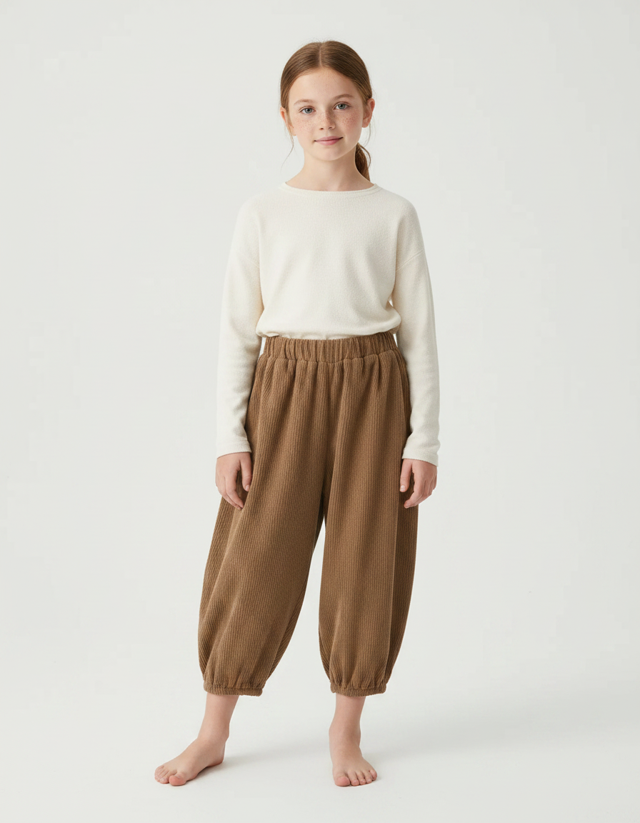 Pantalon Chinois Marron Côtelé Bouffant Enfant Décontracté - Cordé