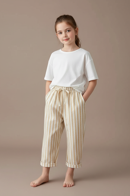 Pantalon Chinois Fille Beige Ample - Lin