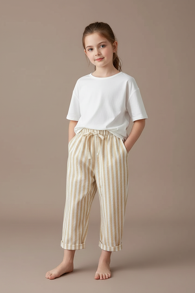 Pantalon Chinois Fille Beige Ample - Lin