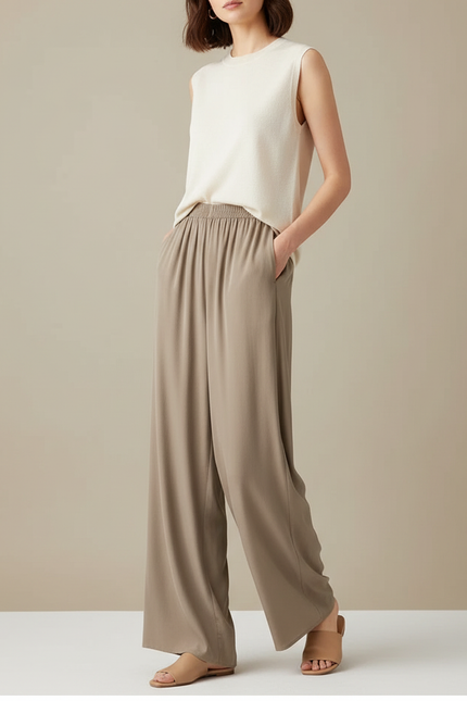 Pantalon Chinois Fluide Ample Beige Élégant Femme - Viscose