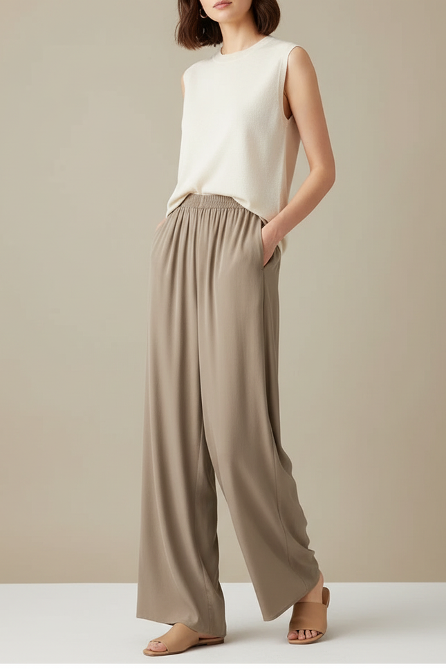 Pantalon Chinois Fluide Ample Beige Élégant Femme - Viscose