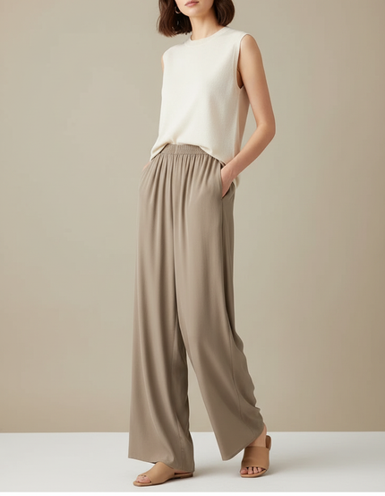 Pantalon Chinois Fluide Ample Beige Élégant Femme - Viscose