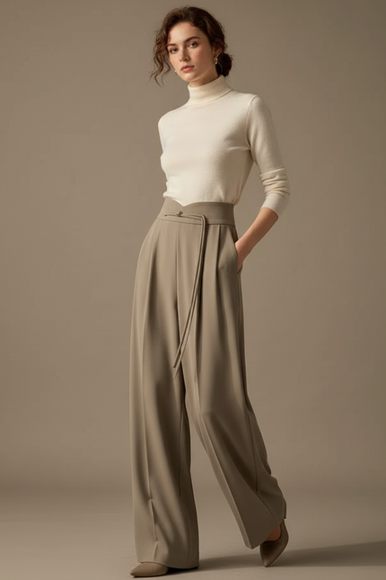 Pantalon Chinois Drapé Ample Taille Haute Femme Élégant - Kaki Polyester
