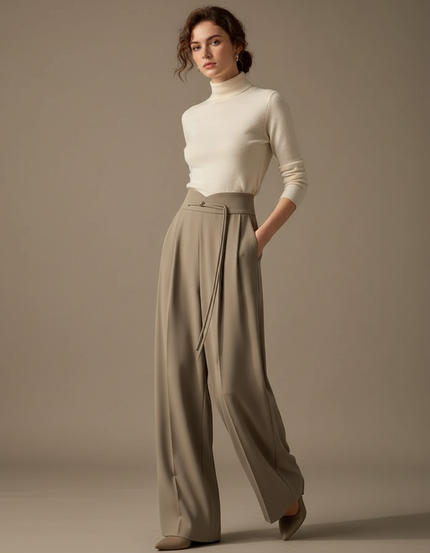 Pantalon Chinois Drapé Ample Taille Haute Femme Élégant - Kaki Polyester