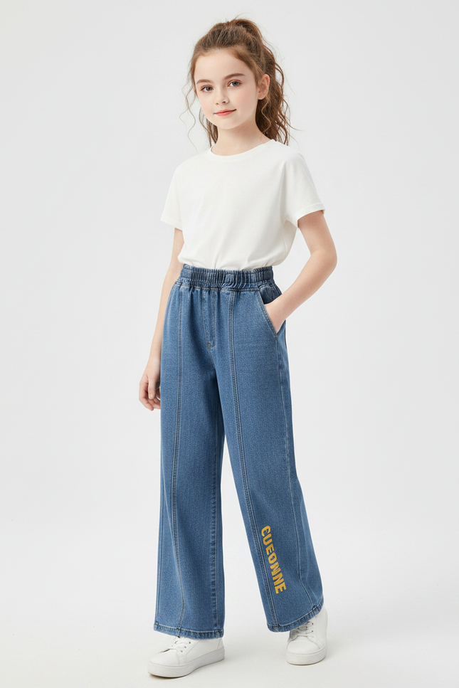 Pantalon Chinois Jean Large Enfant Décontracté Bleu