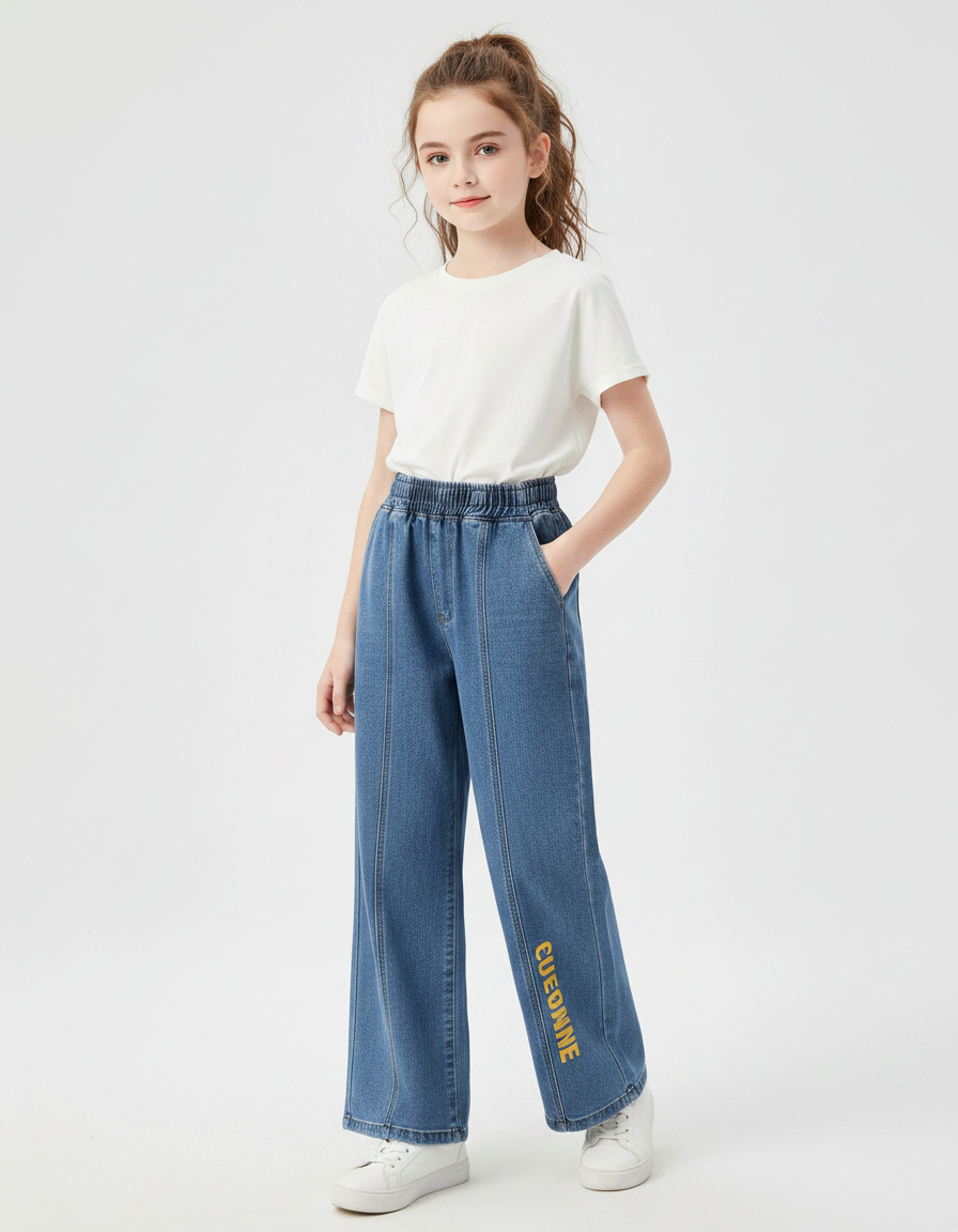 Pantalon Chinois Jean Large Enfant Décontracté Bleu