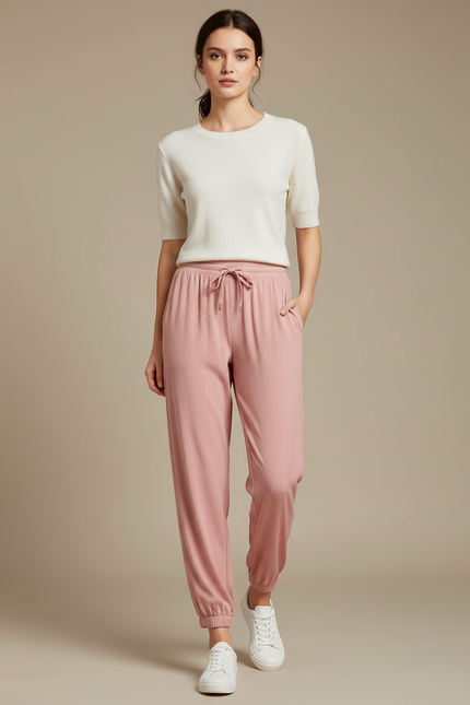 Pantalon Chinois Rose Fluide Cordon Chevilles Élastiquées Confortable - Maille