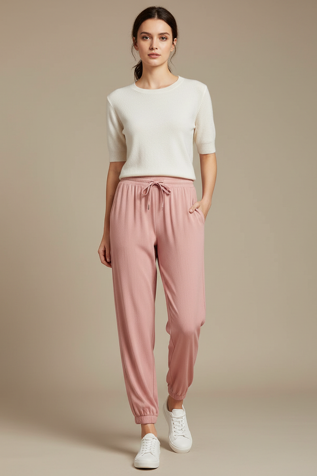 Pantalon Chinois Rose Fluide Cordon Chevilles Élastiquées Confortable - Maille