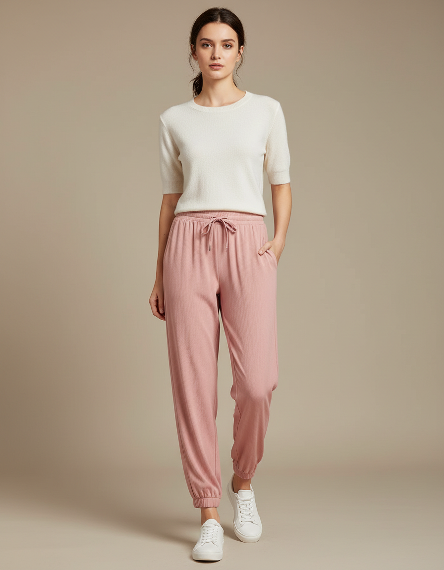 Pantalon Chinois Rose Fluide Cordon Chevilles Élastiquées Confortable - Maille