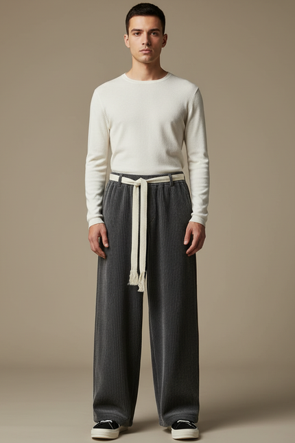 Pantalon Chinois Côtelé Large Gris Homme Décontracté - Cordé