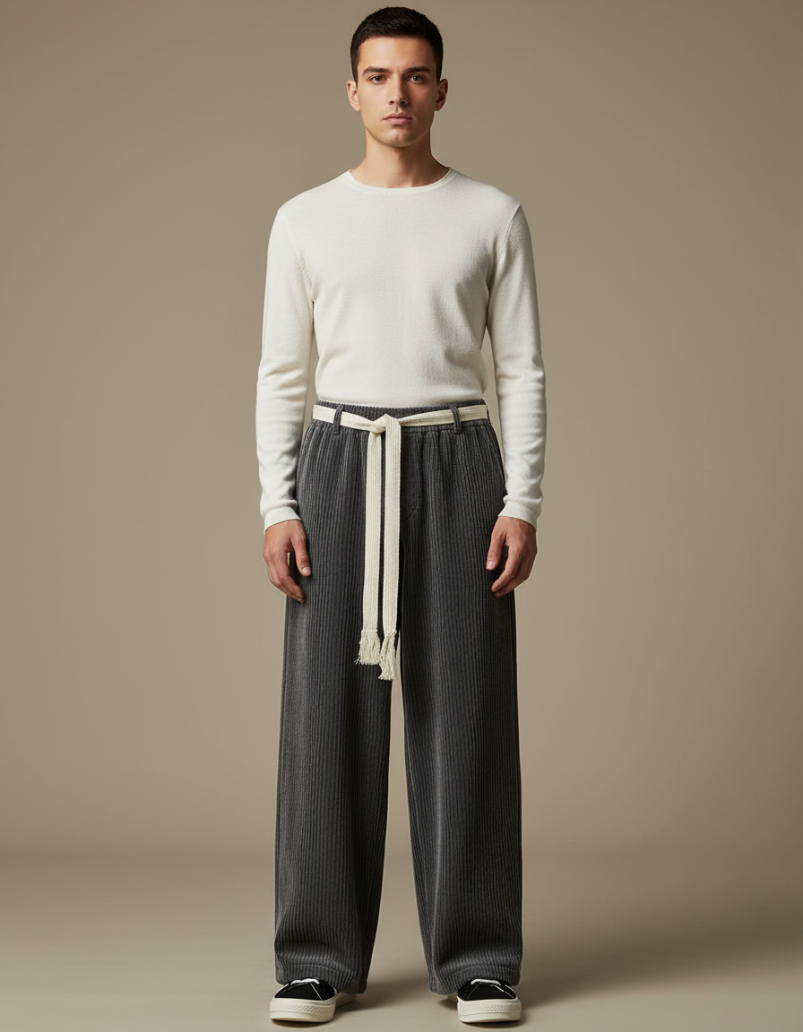 Pantalon Chinois Côtelé Large Gris Homme Décontracté - Cordé