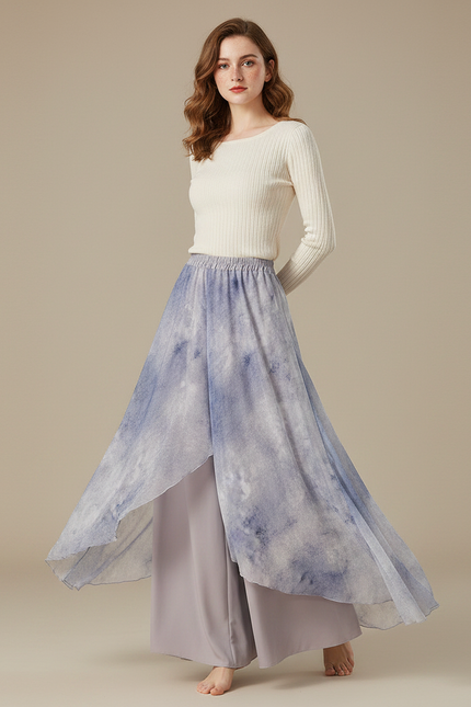 Pantalon Chinois Jupe Superposée Fluide Ample Imprimé - Violet Viscose