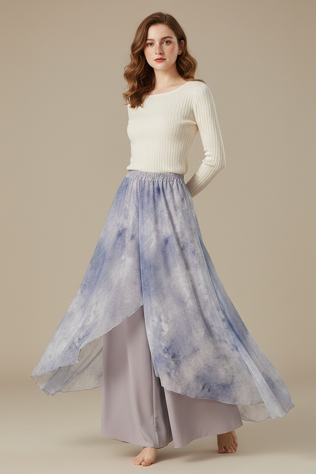 Pantalon Chinois Jupe Superposée Fluide Ample Imprimé - Violet Viscose