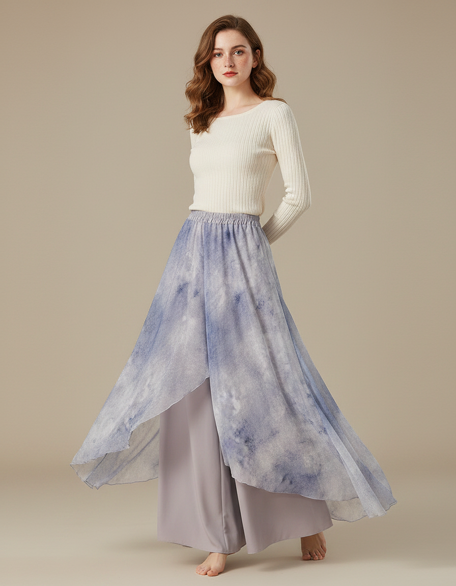 Pantalon Chinois Jupe Superposée Fluide Ample Imprimé - Violet Viscose