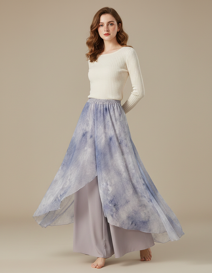 Pantalon Chinois Jupe Superposée Fluide Ample Imprimé - Violet Viscose