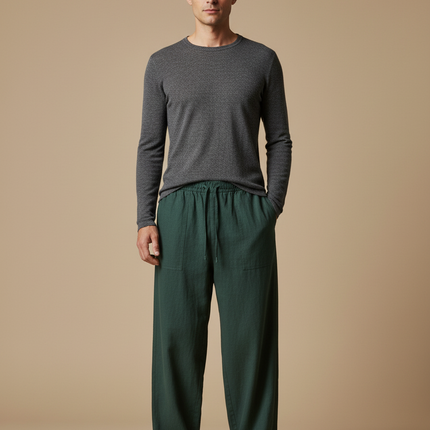 Pantalon Chinois Vert Ample Lin Unisexe Décontracté