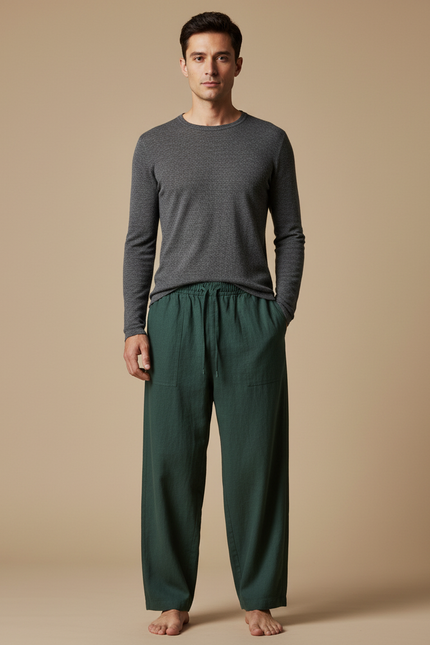 Pantalon Chinois Vert Ample Lin Unisexe Décontracté