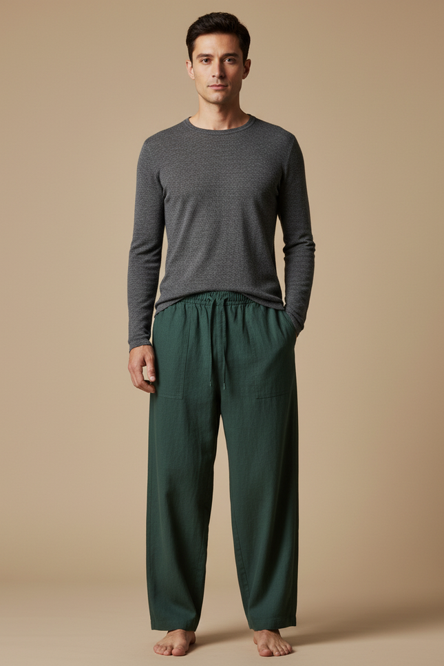 Pantalon Chinois Vert Ample Lin Unisexe Décontracté