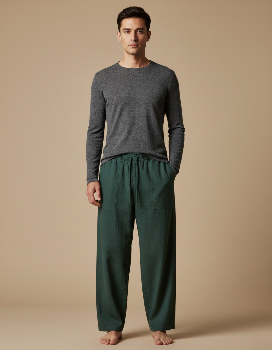 Pantalon Chinois Vert Ample Lin Unisexe Décontracté