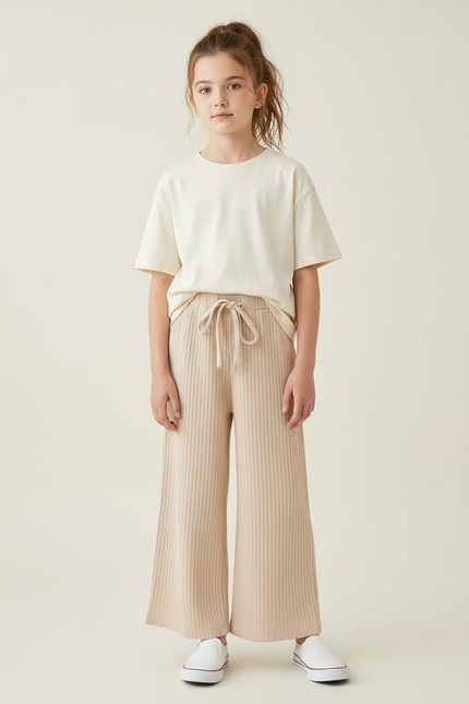 Pantalon Chinois Côtelé Beige Ample Enfant Décontracté - Maille