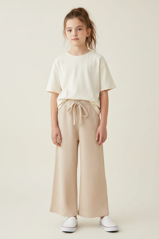 Pantalon Chinois Côtelé Beige Ample Enfant Décontracté - Maille