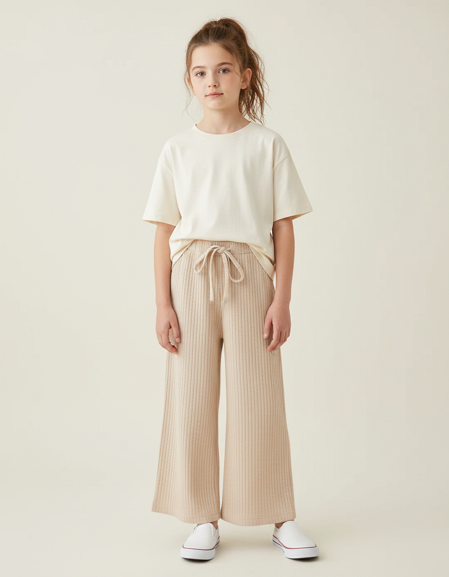 Pantalon Chinois Côtelé Beige Ample Enfant Décontracté - Maille