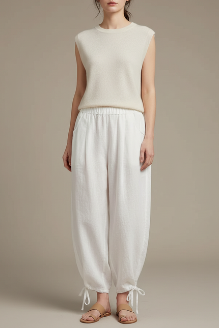 Pantalon Chinois Blanc Ample Coton Lin Casual
