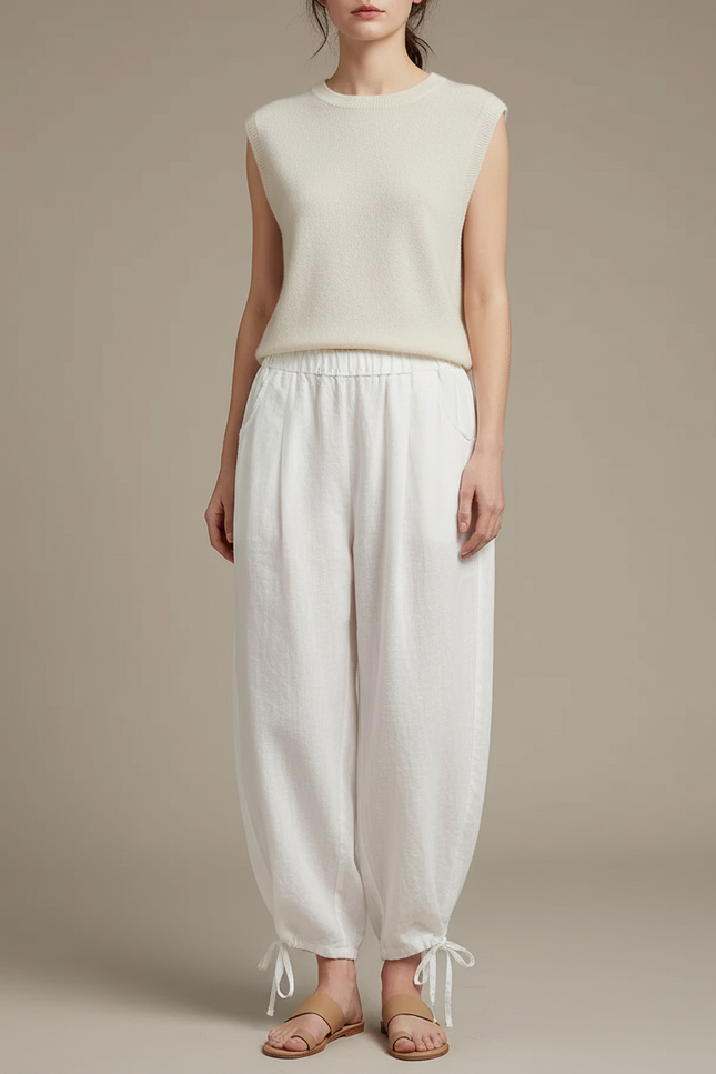 Pantalon Chinois Blanc Ample Coton Lin Casual