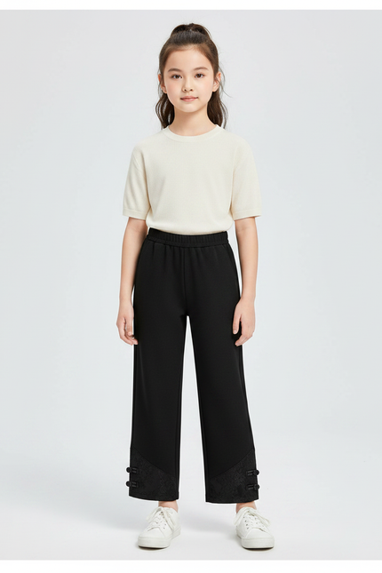 Pantalon Chinois Noir Ample Brodé Boutons Fille - Maille