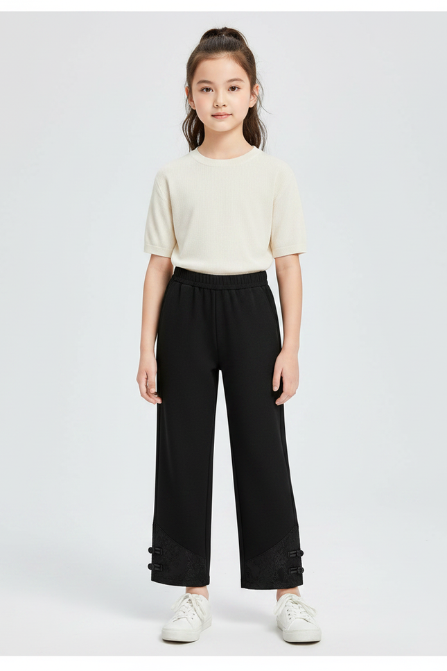 Pantalon Chinois Noir Ample Brodé Boutons Fille - Maille