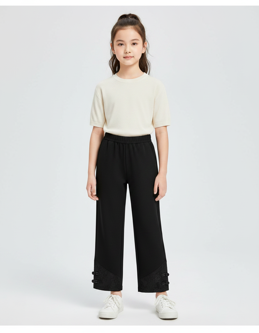 Pantalon Chinois Noir Ample Brodé Boutons Fille - Maille