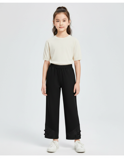 Pantalon Chinois Noir Ample Brodé Boutons Fille - Maille
