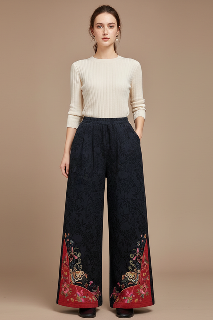 Pantalon Chinois Brodé Ample Noir Ethnique Jacquard Femme - Polyester