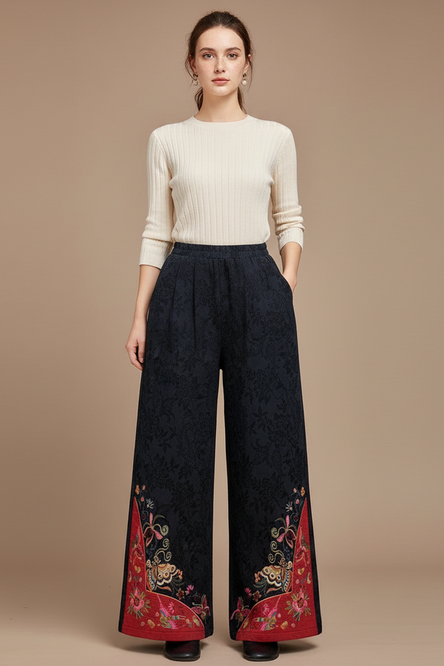 Pantalon Chinois Brodé Ample Noir Ethnique Jacquard Femme - Polyester