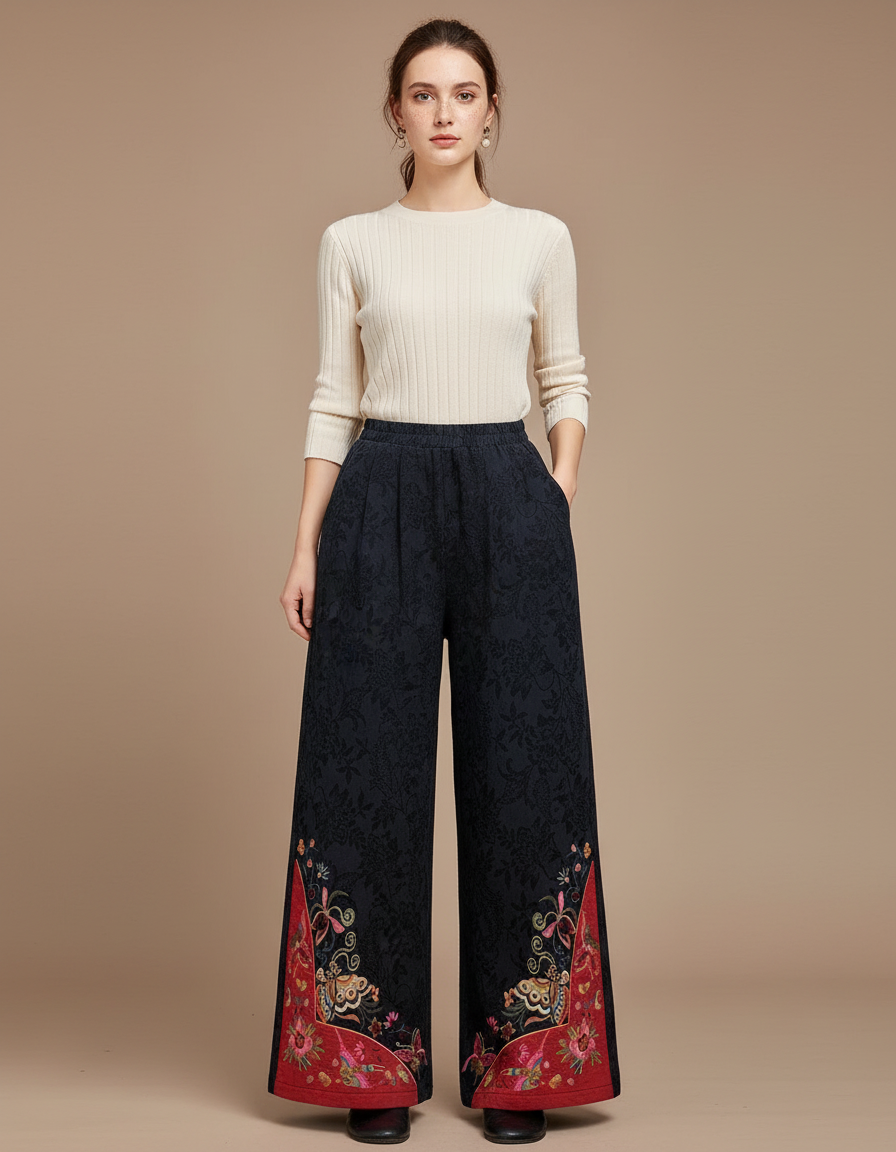Pantalon Chinois Brodé Ample Noir Ethnique Jacquard Femme - Polyester