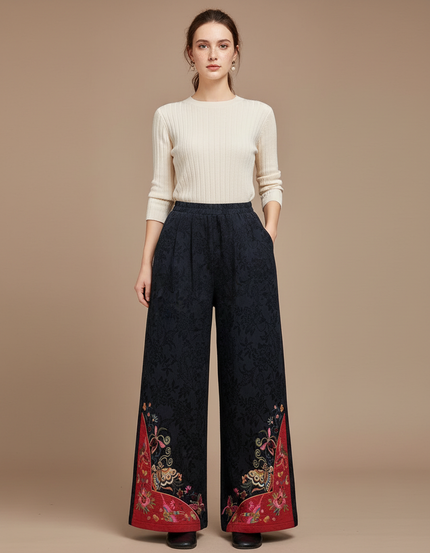 Pantalon Chinois Brodé Ample Noir Ethnique Jacquard Femme - Polyester