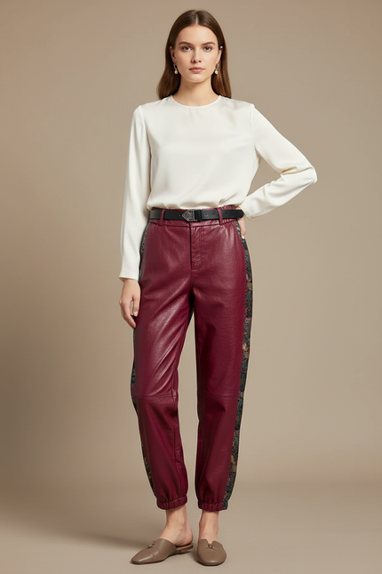 Pantalon Chinois Bordeaux Cuir Imprimé Ample Femme